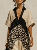 Women's Casual Vacation-Style  Loose-Fit, Short-Sleeve V-Neck With Cotton-Linen Paneling And Leopard Print Maxi Dress ZMZ2506E0ZYY