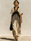 Women's Casual Vacation-Style  Loose-Fit, Short-Sleeve V-Neck With Cotton-Linen Paneling And Leopard Print Maxi Dress ZMZ2506E0ZYY