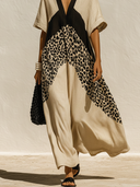 Women's Casual Vacation-Style  Loose-Fit, Short-Sleeve V-Neck With Cotton-Linen Paneling And Leopard Print Maxi Dress ZMZ2506E0ZYY