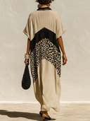 Women's Casual Vacation-Style  Loose-Fit, Short-Sleeve V-Neck With Cotton-Linen Paneling And Leopard Print Maxi Dress ZMZ2506E0ZYY