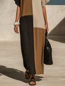 Women's Casual Vacation-Style Loose-Fit, V-Neck, Short Sleeve Cotton-Linen Patchwork Maxi Dress ZMZ2570E9ZYY