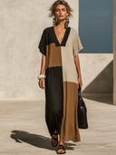 Women's Casual Vacation-Style Loose-Fit, V-Neck, Short Sleeve Cotton-Linen Patchwork Maxi Dress ZMZ2570E9ZYY