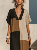 Women's Casual Vacation-Style Loose-Fit, V-Neck, Short Sleeve Cotton-Linen Patchwork Maxi Dress ZMZ2570E9ZYY