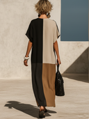 Women's Casual Vacation-Style Loose-Fit, V-Neck, Short Sleeve Cotton-Linen Patchwork Maxi Dress ZMZ2570E9ZYY