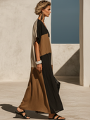 Women's Casual Vacation-Style Loose-Fit, V-Neck, Short Sleeve Cotton-Linen Patchwork Maxi Dress ZMZ2570E9ZYY