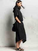 Women's Retro Casual Cotton Linen Hooded Frayed Elbow-Length Sleeve Midi Dress ZMZ2585E8ZJY