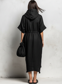 Women's Retro Casual Cotton Linen Hooded Frayed Elbow-Length Sleeve Midi Dress ZMZ2585E8ZJY