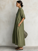 Women's Retro Casual Cotton Linen Floral Embroidery V-Neck Long Sleeve Midi Dress ZMZ2526E3ZJY