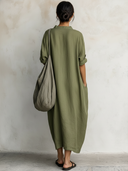 Women's Retro Casual Cotton Linen Floral Embroidery V-Neck Long Sleeve Midi Dress ZMZ2526E3ZJY