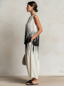 Women's Retro Casual Striped Gradient Print Pleated Sleeveless Top And Pants Set ZMZ2533E8ZJY