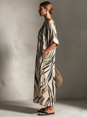Women's Retro Casual Striped Gradient Print Crew Neck Elbow-Length Sleeve Loose Midi Dress ZMZ2503E2ZJY