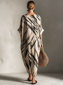 Women's Retro Casual Striped Gradient Print Crew Neck Elbow-Length Sleeve Loose Midi Dress ZMZ2503E2ZJY