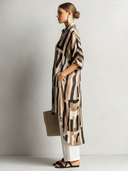 Women's Retro Casual Striped Print Elbow-Length Sleeve Shirt And Pants Set ZMZ2591E1ZJY