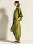 Women's Retro Casual Cotton Linen Elbow-Length Sleeve Top And Pants Set ZMZ2523E4ZJY