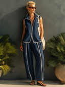 Women's Classic Denim Blue Zip-Front Sleeveless Top And Straight-Leg Pants Set ZMZ2667E1SWL
