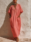 Women's Bohemian Resort Style Linen-Cotton Henley Neck Dolman Sleeve Maxi Kaftan Dress ZMZ2773E2YZH