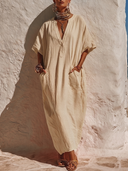 Women's Bohemian Resort Style Linen-Cotton Henley Neck Dolman Sleeve Maxi Kaftan Dress ZMZ2773E2YZH