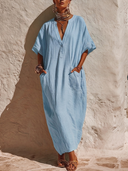 Women's Bohemian Resort Style Linen-Cotton Henley Neck Dolman Sleeve Maxi Kaftan Dress ZMZ2773E2YZH
