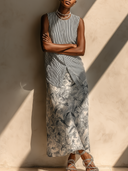 Women's Minimalist Elegant Style Striped Sleeveless Top & Floral Print Rayon Maxi Skirt Co-ord Set ZMZ2703E1YZH