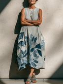 Women's Artistic Casual Style Linen-Cotton Watercolor Leaf Print Sleeveless A-Line Midi Dress ZMZ2736E8YZH