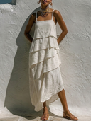 Women's Resort Style Linen-Cotton Tiered Ruffle Square Neck Asymmetric Hem Midi Dress ZMZ2793E1YZH