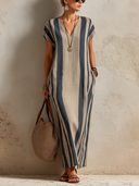 Women's Classic V-Neck Azure Stripe Maxi Sundress ZMZ2749E2SWL