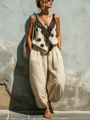 Women's Casual Set: V-Neck Polka-Dot Trim Cami Top And Elastic-Waist Pants ZMZ2703E0SWL