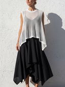 Women's Minimalist Resort Style Crochet Mesh Knit Sleeveless Cover-Up & Linen Asymmetric Midi Dress Two-Piece Set ZMZ2770E7YZH