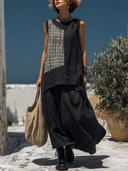 Women's Minimalist Style Linen-Cotton Patchwork Grid Print Sleeveless Top & Maxi Skirt Co-ord Set ZMZ2751E5YZH