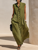 Women's Premium Minimalist Cotton-Linen — Stand Collar, Sleeveless, Loose Fit, Maxi Dress ZMZ2740E5ZYY