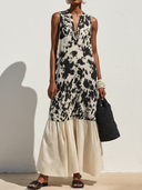 Women's Premium Vintage Cotton-Linen Printed Sleeveless Loose-Fit With Henley Collar Maxi Dress ZMZ2742E3ZYY