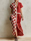 Women's Premium Vintage Cotton-Linen Printed V-Neck Short-Sleeve Loose Maxi Dress ZMZ2793E5ZYY