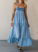 Women's Casual Vacation-Style Blue & White Vertical-Striped Cotton With Embroidery And Spaghetti Straps Maxi Dress  ZMZ2769E0ZYY