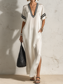 Women's Premium Minimalist Satin V-Neck Short-Sleeve Loose Maxi Dress ZMZ2741E5ZYY