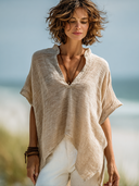 Women's Cotton-Linen Casual V-Neck Short-Sleeve Shirt ZMZ2712E4XT