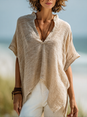 Women's Cotton-Linen Casual V-Neck Short-Sleeve Shirt ZMZ2712E4XT
