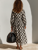 Women's Black And White Plaid Print Long-Sleeve Maxi Dress With Lapel Collar ZMZ2746E3XT