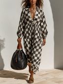 Women's Black And White Plaid Print Long-Sleeve Maxi Dress With Lapel Collar ZMZ2746E3XT