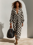 Women's Black And White Plaid Print Long-Sleeve Maxi Dress With Lapel Collar ZMZ2746E3XT