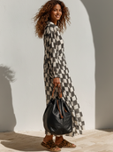 Women's Black And White Plaid Print Long-Sleeve Maxi Dress With Lapel Collar ZMZ2746E3XT