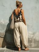 Women's Casual Set: V-Neck Polka-Dot Trim Cami Top And Elastic-Waist Pants ZMZ2703E0SWL