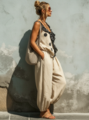 Women's Casual Set: V-Neck Polka-Dot Trim Cami Top And Elastic-Waist Pants ZMZ2703E0SWL