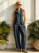 Women's Classic Denim Blue Zip-Front Sleeveless Top And Straight-Leg Pants Set ZMZ2667E1SWL
