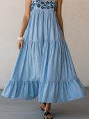 Women's Casual Vacation-Style Blue & White Vertical-Striped Cotton With Embroidery And Spaghetti Straps Maxi Dress  ZMZ2769E0ZYY