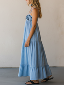 Women's Casual Vacation-Style Blue & White Vertical-Striped Cotton With Embroidery And Spaghetti Straps Maxi Dress  ZMZ2769E0ZYY