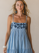 Women's Casual Vacation-Style Blue & White Vertical-Striped Cotton With Embroidery And Spaghetti Straps Maxi Dress  ZMZ2769E0ZYY