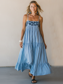 Women's Casual Vacation-Style Blue & White Vertical-Striped Cotton With Embroidery And Spaghetti Straps Maxi Dress  ZMZ2769E0ZYY