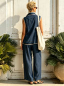 Women's Classic Denim Blue Zip-Front Sleeveless Top And Straight-Leg Pants Set ZMZ2667E1SWL