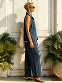 Women's Classic Denim Blue Zip-Front Sleeveless Top And Straight-Leg Pants Set ZMZ2667E1SWL