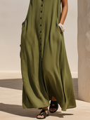 Women's Premium Minimalist Cotton-Linen — Stand Collar, Sleeveless, Loose Fit, Maxi Dress ZMZ2740E5ZYY